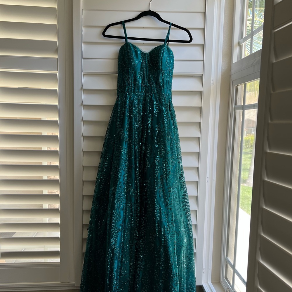Size 1 (Altered to a 0) | Emerald Green Sequined Strapless Dress with Pockets